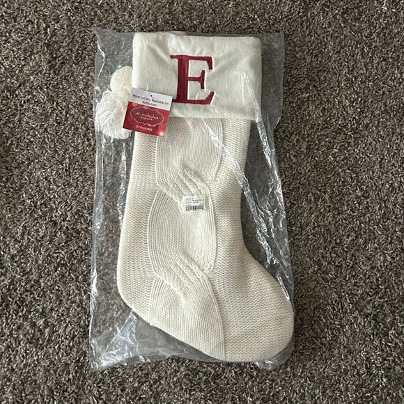 Winter White Knit Christmas Stocking 21” Monogram Initial E | w Plush Cuff NEW - Picture 2 of 5